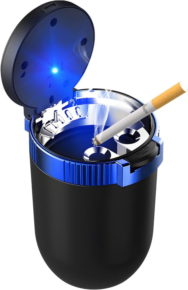 MUQIDA Car Ashtray with Lid, Auto Portable Stainless Steel Smokeless Ash Tray with LED Light, Detachable Windproof Ashtray Mini Trash Can for Most Car Cup Holder Home Office (Blue) - Image 1
